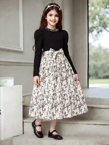 SHEIN 青少年女孩秋季休閒優雅可愛時尚日常派對腰綁帶長袖迷你洋裝，黑白配色套裝 - 彩色 - 查看 1