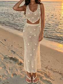 SHEIN Women's Summer Hollow Crochet Shell Bead Decor Knitted Tank Top And Skirt Two Pieces Set, Vacation, Party - Apricot - View 7