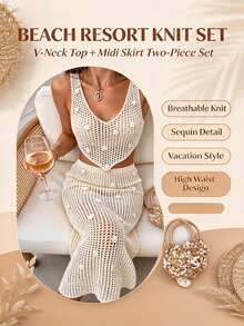 SHEIN Women's Summer Hollow Crochet Shell Bead Decor Knitted Tank Top And Skirt Two Pieces Set, Vacation, Party - Apricot - View 4