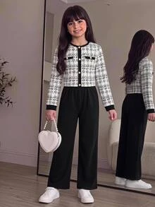 SHEIN Tween Girls Autumn/Winter Fashion Elegant Commute Print Black & White Color Block Patchwork T-Shirt & Long Pants Set For Formal Occasions Kids - Black and White - View 1