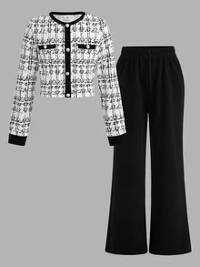 SHEIN Tween Girls Autumn/Winter Fashion Elegant Commute Print Black & White Color Block Patchwork T-Shirt & Long Pants Set For Formal Occasions Kids - Black and White - View 5