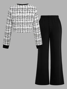 SHEIN Tween Girls Autumn/Winter Fashion Elegant Commute Print Black & White Color Block Patchwork T-Shirt & Long Pants Set For Formal Occasions Kids - Black and White - View 2