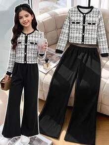 SHEIN Tween Girls Autumn/Winter Fashion Elegant Commute Print Black & White Color Block Patchwork T-Shirt & Long Pants Set For Formal Occasions Kids - Black and White - View 7
