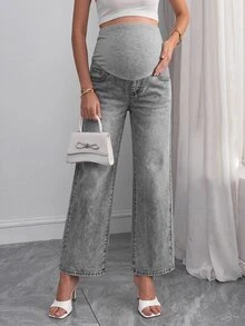 Momance Quần jeans ống đứng cho bà bầu cạp điều chỉnh được - Xám - Xem 3