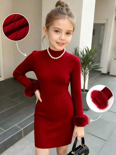 SHEIN Girls Ribbed Knit Dress Mock Neck Long Sleeve Fuzzy Cuff Belted Slim Fit Solid Red Christmas Party Snug Fit Dress Birthday Christmas Halloween Outfit