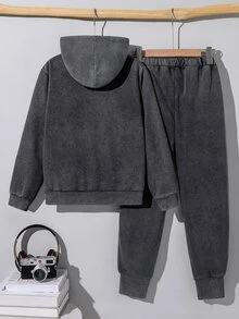 SHEIN Vacaura Boys Casual Modest Minimalist Premium Denim Sweatshirt Patchwork Jacket Pants 2 Pieces Set Fall School Activewear Gray White - Black - View 3