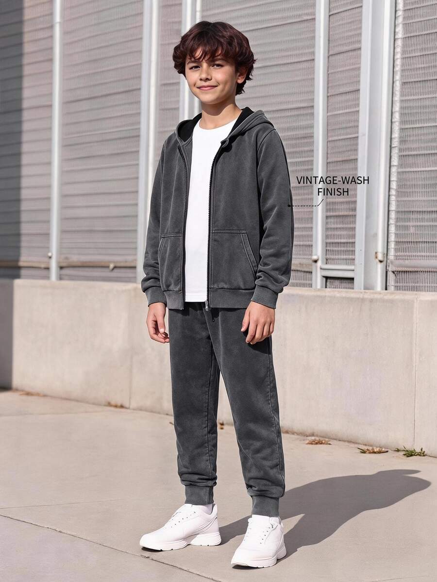 SHEIN Vacaura Boys Casual Modest Minimalist Premium Denim Sweatshirt Patchwork Jacket Pants 2 Pieces Set Fall School Activewear Gray White