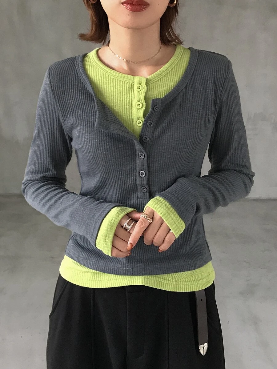 FRIFUL Women's 2 In 1 Patchwork Casual Streetwear Daily Everyday T-Shirt Grey Lime Green - Brown - View 1