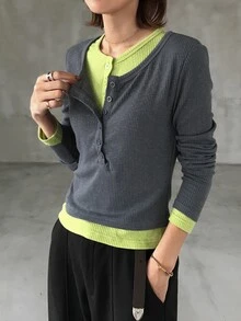 FRIFUL Women's 2 In 1 Patchwork Casual Streetwear Daily Everyday T-Shirt Grey Lime Green - Brown - View 2