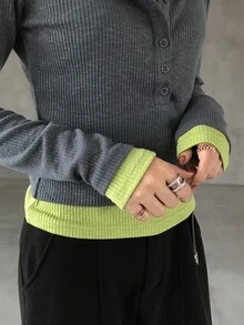 FRIFUL Women's 2 In 1 Patchwork Casual Streetwear Daily Everyday T-Shirt Grey Lime Green - Brown - View 6