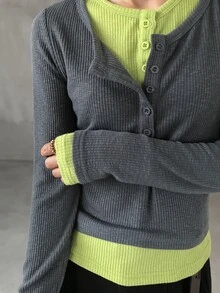 FRIFUL Women's 2 In 1 Patchwork Casual Streetwear Daily Everyday T-Shirt Grey Lime Green - Brown - View 7