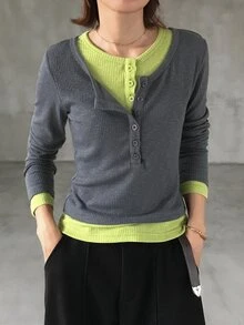 FRIFUL Women's 2 In 1 Patchwork Casual Streetwear Daily Everyday T-Shirt Grey Lime Green - Brown - View 4