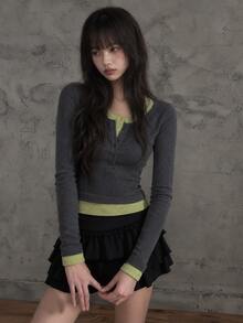 FRIFUL Women's 2 In 1 Patchwork Casual Streetwear Daily Everyday T-Shirt Grey Lime Green - Brown - View 8