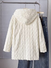 SHEIN Tween Girl Casual All-Match Versatile Daily School Wear Linen Heart Jacquard Plush Collar Button-Up Mid-Length Autumn/Winter Jacket - White - View 2