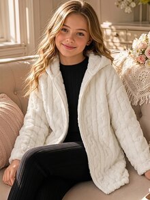 SHEIN Tween Girl Casual All-Match Versatile Daily School Wear Linen Heart Jacquard Plush Collar Button-Up Mid-Length Autumn/Winter Jacket - White - View 3