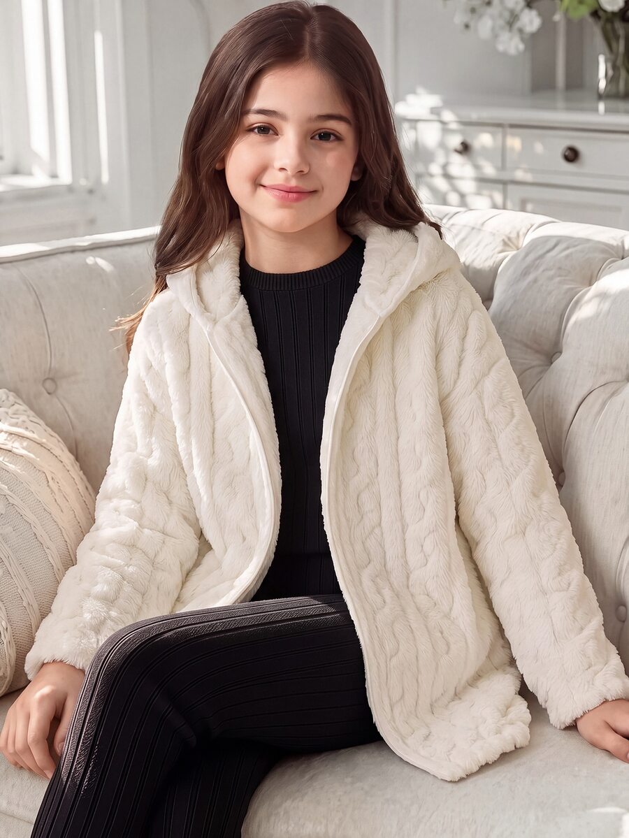 SHEIN Tween Girl Casual All-Match Versatile Daily School Wear Linen Heart Jacquard Plush Collar Button-Up Mid-Length Autumn/Winter Jacket - White - View 1
