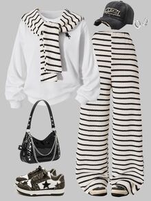 SHEIN Tween Girls Fall Outfits 2pcs/Set Round Neck Poncho Sweatshirt + White Wide Leg Pants Set, Casual 80s Cute, Off Campus School Black And White - Multicolor - View 6
