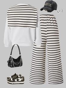 SHEIN Tween Girls Fall Outfits 2pcs/Set Round Neck Poncho Sweatshirt + White Wide Leg Pants Set, Casual 80s Cute, Off Campus School Black And White - Multicolor - View 7