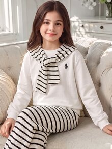 SHEIN Tween Girls Fall Outfits 2pcs/Set Round Neck Poncho Sweatshirt + White Wide Leg Pants Set, Casual 80s Cute, Off Campus School Black And White - Multicolor - View 3