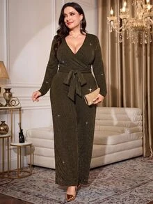 Reflora Plus Size Autumn/Winter New Party Metallic Shiny Fitted Waist-Cinched Jumpsuit - Gold - View 1