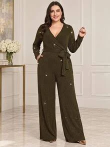 Reflora Plus Size Autumn/Winter New Party Metallic Shiny Fitted Waist-Cinched Jumpsuit - Gold - View 6