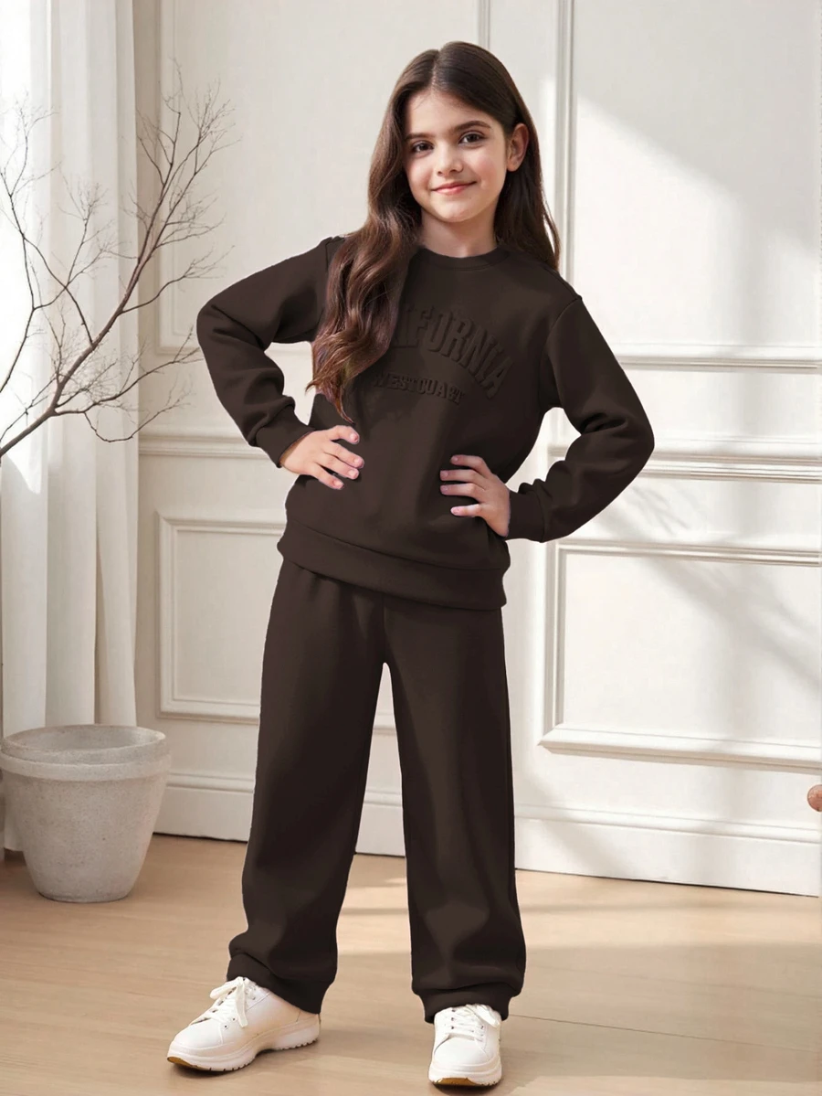 SHEIN Tween Girls 2 Piece Sweatshirt Jogger Set, California Graphic, Crew Neck Long Sleeve Fleece Lined Outfit For School, Sports, Party, Fall/Winter