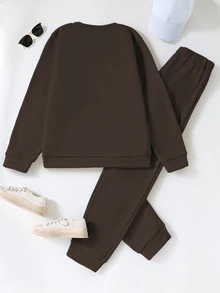 SHEIN Tween Girls 2 Piece Sweatshirt Jogger Set, California Graphic, Crew Neck Long Sleeve Fleece Lined Outfit For School, Sports, Party, Fall/Winter - Coffee Brown - View 3