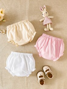 SHEIN Souflis 3pcs/Set Toddler Boys' Casual Cute & Versatile Shorts Baby Girl Bottoms Ruffle Hem Panties Bloomers Ruffles Multicolor Polyester Plain - Multicolor - View 3
