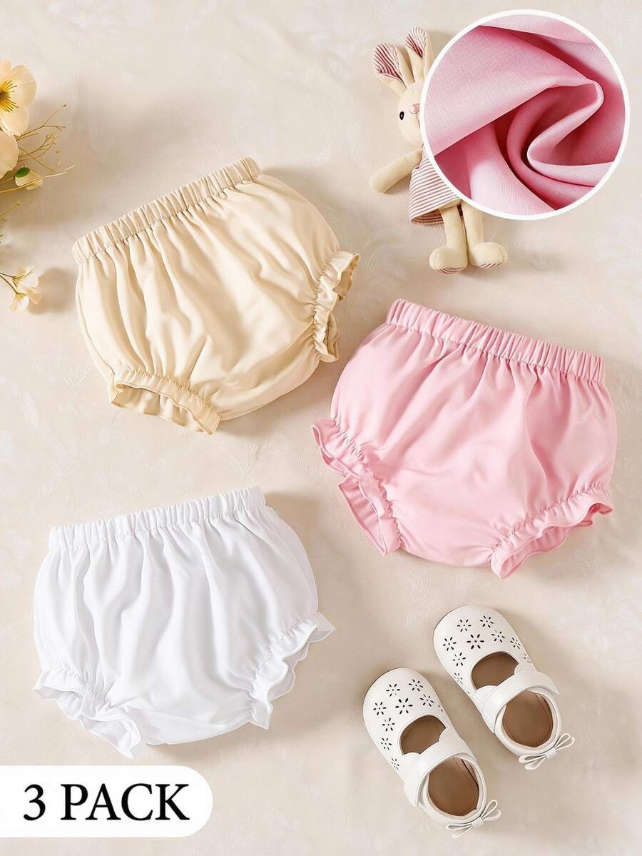 SHEIN Souflis 3pcs/Set Toddler Boys' Casual Cute & Versatile Shorts Baby Girl Bottoms Ruffle Hem Panties Bloomers Ruffles Multicolor Polyester Plain