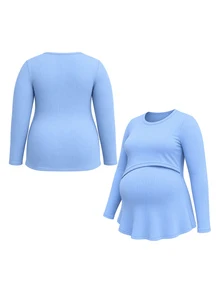 SHEIN Áo bầu size lớn màu xanh nhạt dáng chữ A rộng, có khe mở cho con bú ẩn, tay dài gân tăm cho mùa xuân/thu - Màu xanh lam - Xem 10