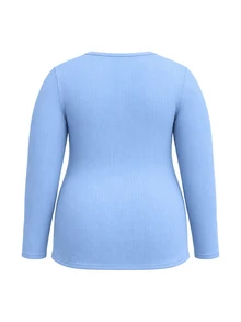 SHEIN Áo bầu size lớn màu xanh nhạt dáng chữ A rộng, có khe mở cho con bú ẩn, tay dài gân tăm cho mùa xuân/thu - Màu xanh lam - Xem 8