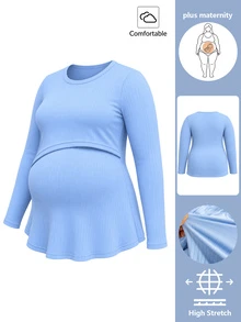 SHEIN Áo bầu size lớn màu xanh nhạt dáng chữ A rộng, có khe mở cho con bú ẩn, tay dài gân tăm cho mùa xuân/thu - Màu xanh lam - Xem 7