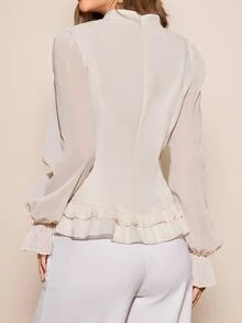Amorya Women's Elegant Mandarin Collar Ruffle Hem Fitted Blouse,Light Beige Long Sleeve Button Detail Top For Autumn,Office,Modest Cozy Fall Winter - Apricot - View 3