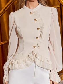 Amorya Women's Elegant Mandarin Collar Ruffle Hem Fitted Blouse,Light Beige Long Sleeve Button Detail Top For Autumn,Office,Modest Cozy Fall Winter - Apricot - View 5