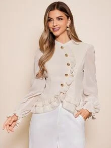 Amorya Women's Elegant Mandarin Collar Ruffle Hem Fitted Blouse,Light Beige Long Sleeve Button Detail Top For Autumn,Office,Modest Cozy Fall Winter - Apricot - View 2