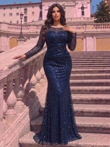 Aureia Plus Size Elegant Luxury Deep Blue Sequin Bead Sheer Long Sleeve Asymmetrical Neckline Ruched Fitted Mermaid Tail Train Patchwork Side Flounce Suitable For Wedding Events Evening Party Ball Heavy Work Evening Gown (Heavy Work Design) - Navy Blue - View 2