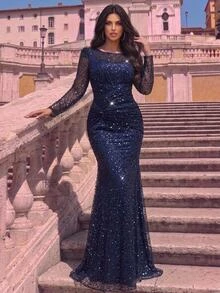 Aureia Plus Size Elegant Luxury Deep Blue Sequin Bead Sheer Long Sleeve Asymmetrical Neckline Ruched Fitted Mermaid Tail Train Patchwork Side Flounce Suitable For Wedding Events Evening Party Ball Heavy Work Evening Gown (Heavy Work Design) - Navy Blue - View 5