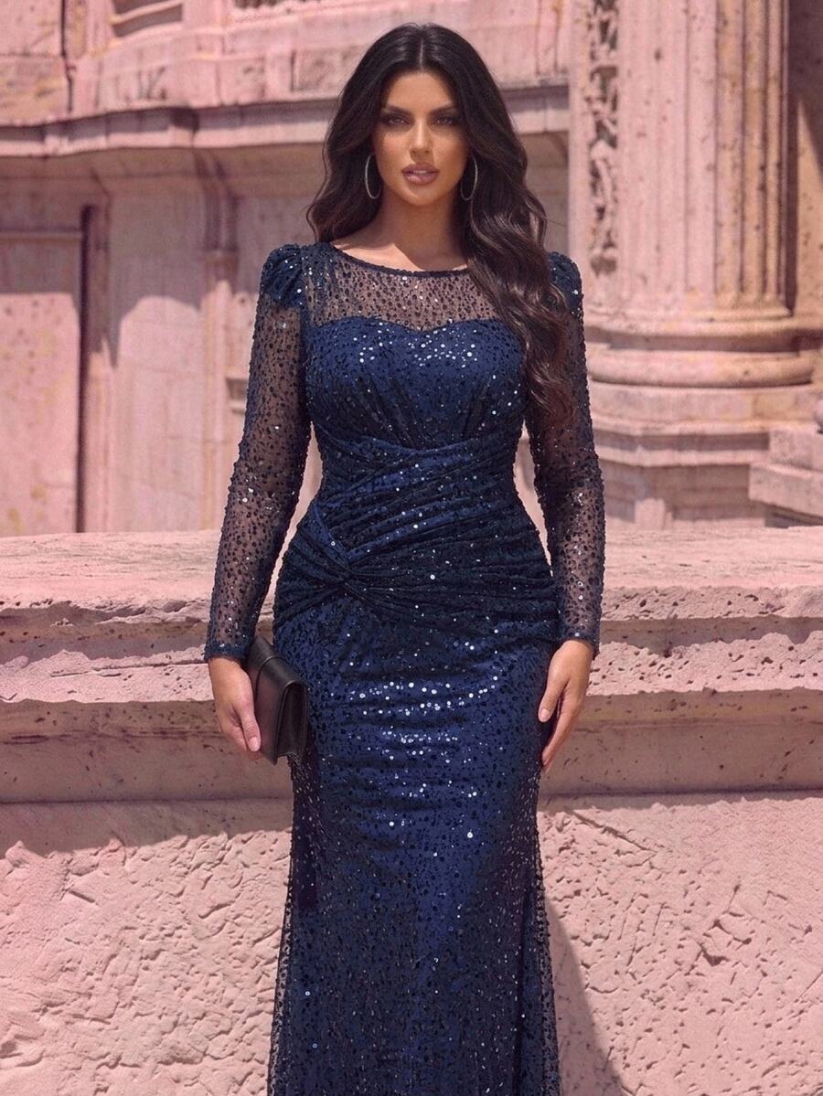Aureia Plus Size Elegant Luxury Deep Blue Sequin Bead Sheer Long Sleeve Asymmetrical Neckline Ruched Fitted Mermaid Tail Train Patchwork Side Flounce Suitable For Wedding Events Evening Party Ball Heavy Work Evening Gown (Heavy Work Design) - Navy Blue - View 1