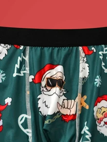 Notgurli Christmas Fun Print Cartoon Funny Santa Claus Gift Box Candy Cane Bell Snowflake Snowman Parent-Child Family Party Men's Mid-Length Flat Front Boxers - Olive Green - View 3