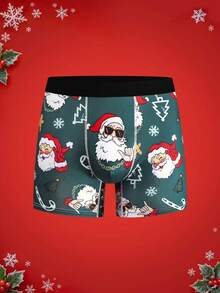 Notgurli Christmas Fun Print Cartoon Funny Santa Claus Gift Box Candy Cane Bell Snowflake Snowman Parent-Child Family Party Men's Mid-Length Flat Front Boxers - Olive Green - View 1