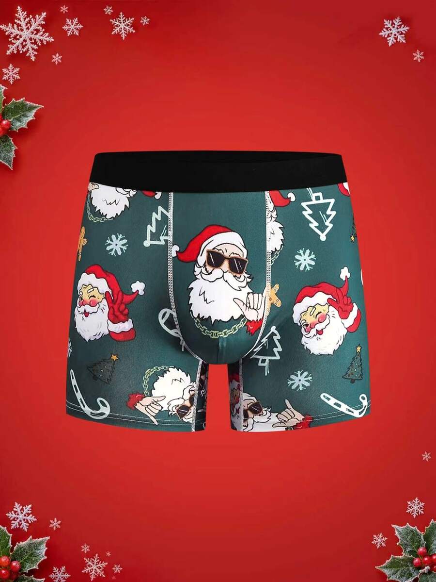 Notgurli Christmas Fun Print Cartoon Funny Santa Claus Gift Box Candy Cane Bell Snowflake Snowman Parent-Child Family Party Men's Mid-Length Flat Front Boxers - Olive Green - View 1