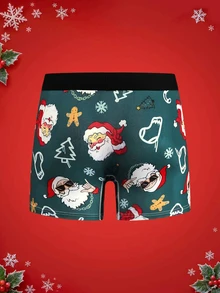 Notgurli Christmas Fun Print Cartoon Funny Santa Claus Gift Box Candy Cane Bell Snowflake Snowman Parent-Child Family Party Men's Mid-Length Flat Front Boxers - Olive Green - View 2