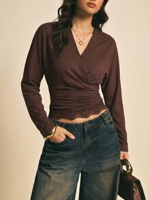Poéselle Chocolate-Brown T-Shirt With Lace Inserts And Batwing Sleeves-An Elegant French-Inspired Look.Fall Tops,Fall Clothes For Women - Coffee Brown - View 7