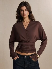 Poéselle Chocolate-Brown T-Shirt With Lace Inserts And Batwing Sleeves-An Elegant French-Inspired Look.Fall Tops,Fall Clothes For Women - Coffee Brown - View 4