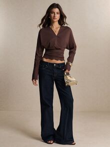 Poéselle Chocolate-Brown T-Shirt With Lace Inserts And Batwing Sleeves-An Elegant French-Inspired Look.Fall Tops,Fall Clothes For Women - Coffee Brown - View 5