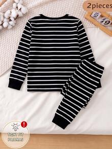 Boys' Autumn/Winter High Elasticity Slim Fit Casual Striped Long Sleeve Pajama Set, Cool Glow-In-The-Dark Design, Suitable For Outdoor Wear - Multicolor - View 3