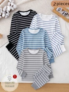 Boys' Autumn/Winter High Elasticity Slim Fit Casual Striped Long Sleeve Pajama Set, Cool Glow-In-The-Dark Design, Suitable For Outdoor Wear - Multicolor - View 5