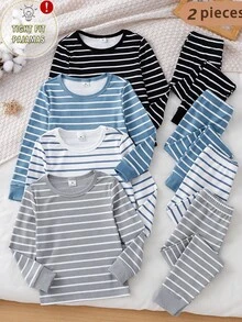 Boys' Autumn/Winter High Elasticity Slim Fit Casual Striped Long Sleeve Pajama Set, Cool Glow-In-The-Dark Design, Suitable For Outdoor Wear - Multicolor - View 1