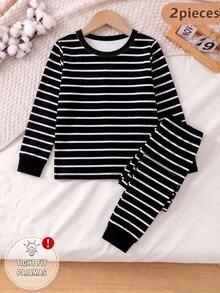 Boys' Autumn/Winter High Elasticity Slim Fit Casual Striped Long Sleeve Pajama Set, Cool Glow-In-The-Dark Design, Suitable For Outdoor Wear - Multicolor - View 4