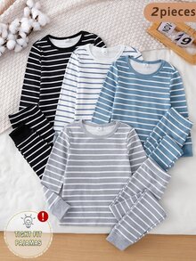 Boys' Autumn/Winter High Elasticity Slim Fit Casual Striped Long Sleeve Pajama Set, Cool Glow-In-The-Dark Design, Suitable For Outdoor Wear - Multicolor - View 6